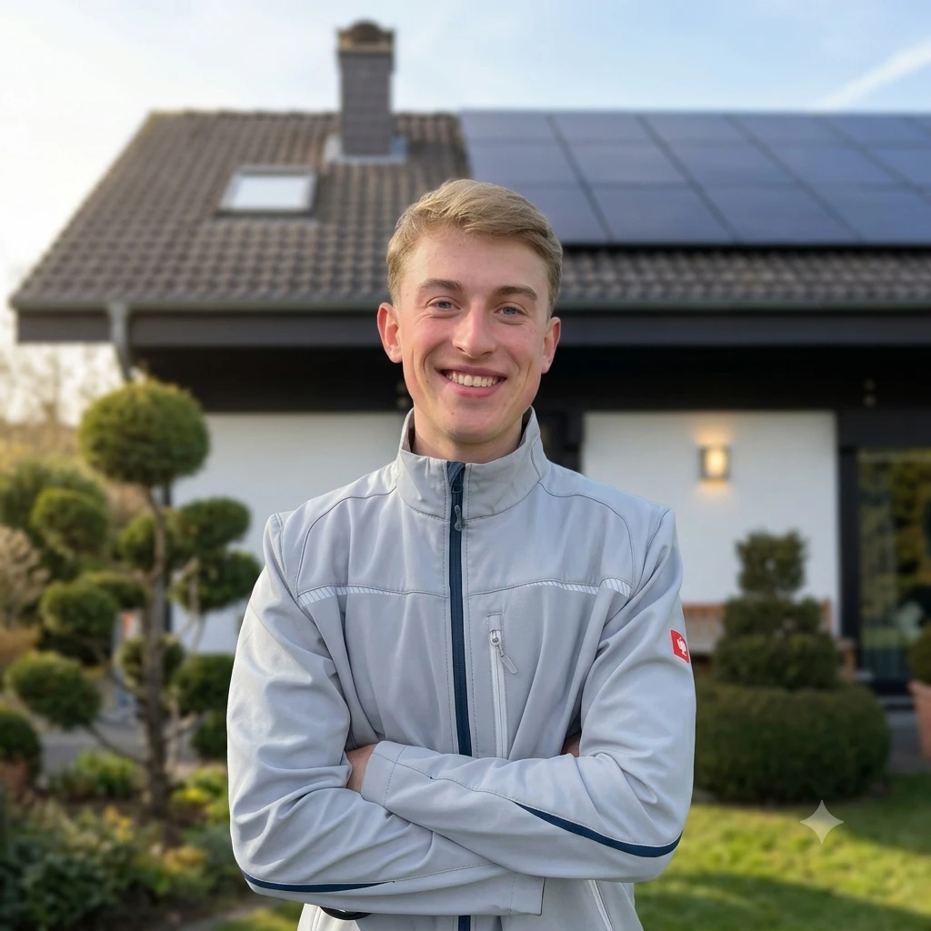 Nick Röhrdanz vor einem Einfamilienhaus mit Photovoltaikanlage