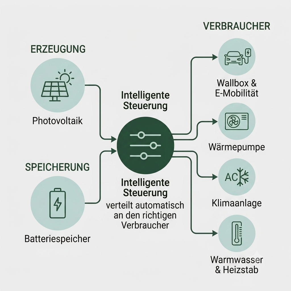Schema: Erzeugung, Speicherung und Verbrauch mit intelligenter Steuerung